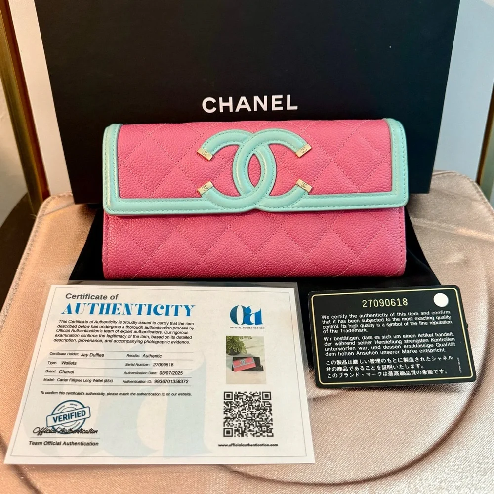 Chanel Pink and Mint Quilted caviar long Wallet full inclusion with COA!
